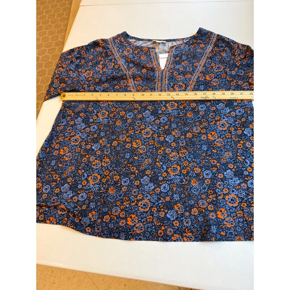 J Jill Large Navy Floral Tunic Top Embroidered Split Neck Cotton Modal NWT new - Picture 7 of 13